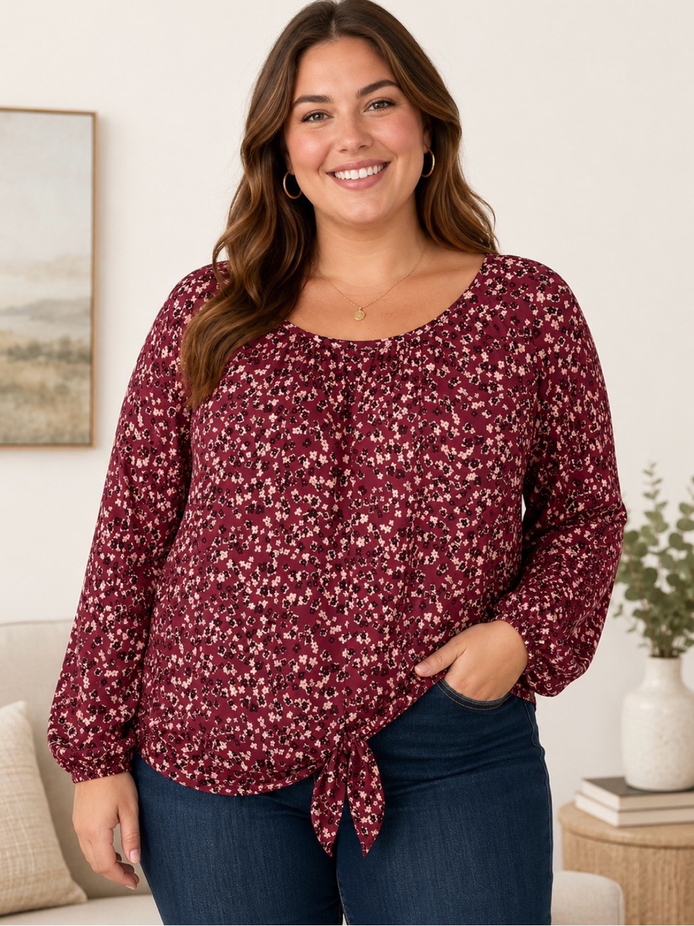 Beacon Apparel Long Cuffed Sleeve Floral Blouse Size L Burgundy Cream Front Tie